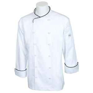 Mercer Renaissance Cutlery: XS Men's Chef Jacket/Chef Coat (White Color with Black Piping) w/ Scooped Neck for Food Industry Professionals (Commis, Sous Chef, or Chef de Cuisine): M62020WBXS