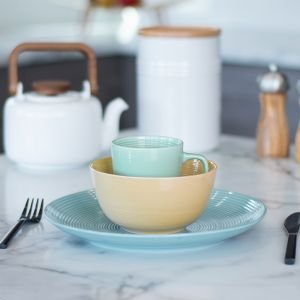 Everything Kitchens Modern Colorful Neutrals - Rippled 12-Piece Breakfast Set - Glazed | Blue, Butter Yellow, Light Green
