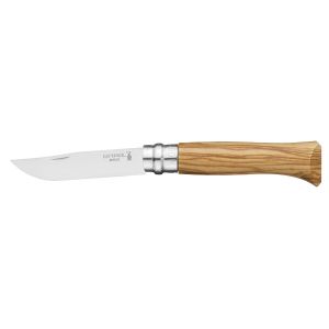 image shows Opinel Blister Pack No.08 Stainless Steel Folding Knife | Olive Wood against a blank, white background
