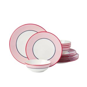 image shows Kate Spade Make It Pop 12-Piece Dinnerware Set | Pink and Navy against a blank, white background