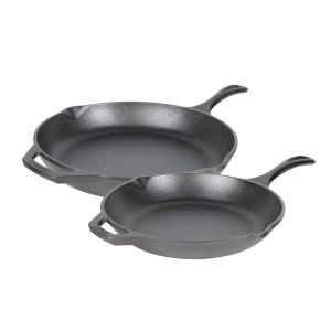  image shows Lodge Cast Iron 2-Piece Chef Collection Skillet Set against a blank, white background