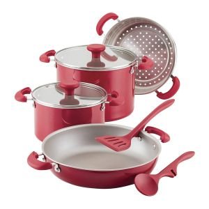 Rachael Ray 8-Piece Enameled Stacking Cookware Set | Red Shimmer
