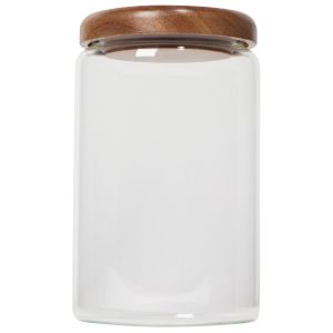 image shows Danica Heirloom Acacia Wood Medium Glass Jar | 32oz against a blank, white background 