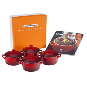  image shows Le Creuset Mini Cocottes & Cookbook (Set of 4) | Cerise against a blank, white background