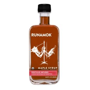 image shows Runamok Festivus Infused Maple Syrup against a blank, white background