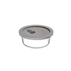 image shows Click Clack 0.6 Quart Cook+ Round Heatproof Glass Container | Grey against a blank, white background