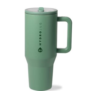 HydroJug Traveler 32oz Leakproof Tumbler (Sage) against a white background shot from the side from the front