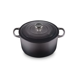 Le Creuset Signature 6.5 Qt. Enameled Cast Iron Deep Round Dutch Oven in Oyster against a white background - side above