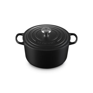 Le Creuset Signature 6.5 Qt. Enameled Cast Iron Deep Round Dutch Oven in Licorice against a white background - side above