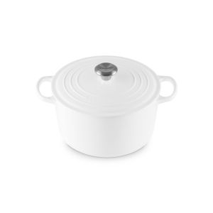 Le Creuset Signature 6.5 Qt. Enameled Cast Iron Deep Round Dutch Oven in White against a white background - side above