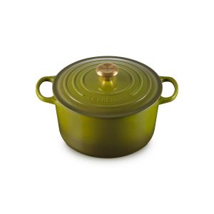 Le Creuset Signature 6.5 Qt. Enameled Cast Iron Deep Round Dutch Oven in Olive against a white background - side above
