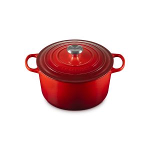 Le Creuset Signature 6.5 Qt. Enameled Cast Iron Deep Round Dutch Oven in Cerise against a white background - side above