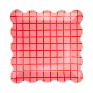 My Mind's Eye Red and Pink Grid Scallop Square Plates | 8-Piece