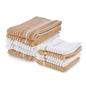 Everything Kitchens Modern Essentials Oversized Recycled Cotton Terry Kitchen Towels & Dish Cloths (Set of 10) | Tan & White