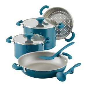 Rachael Ray 8-Piece Enameled Stacking Cookware Set | Teal Shimmer
