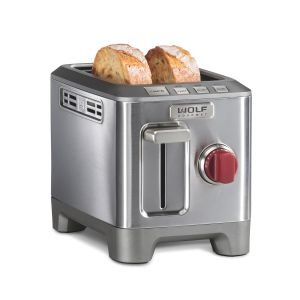 Front-facing view of Wolf Gourmet 2 Slice Toaster | Red Knobs