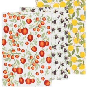 Now Designs 20" x 30" Floursack Towels (Set of 3) Mediterranean features three cotton dishtowels: 1 adorned in tomato clusters and vines, one adorned in olive bush branches, and adorned in branches from a lemon tree. 