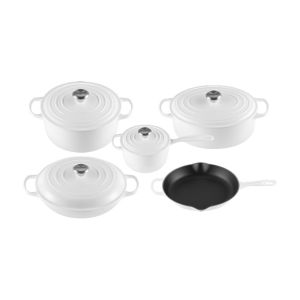 image shows Le Creuset 9 Piece Signature Set, White (5.5 qt, Sig. RDO, 6.75 qt. Sig. ODO, 3.5 qt. S against a blank, white background