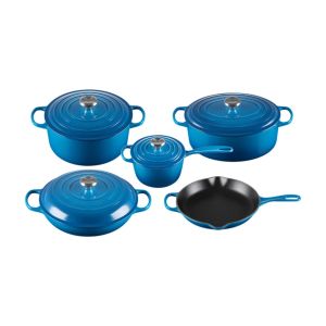 image shows Le Creuset 9 Piece Signature Set, Marseille (5.5 qt, Sig. RDO, 6.75 qt. Sig. ODO, 3.5 q against a blank, white background