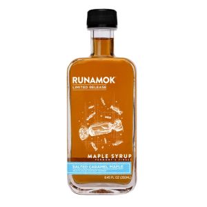 image shows Runamok Salted Caramel Infused Maple Syrup against a blank, white background