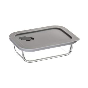 image shows Click Clack 0.6 Quart Cook+ Rectangular Heatproof Glass Container | Grey against a blank, white background
