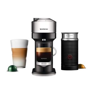 image shows Nespresso Vertuo Next Premium Coffee & Espresso Machine with Aeroccino by De'Longhi | Chrome against a blank, white background
