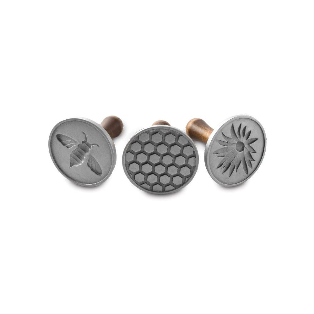 Nordic Ware Aluminum with Wood Handles 01280 Greetings Cast Cookie Stamps,  3-inch Rounds, Silver, Grey