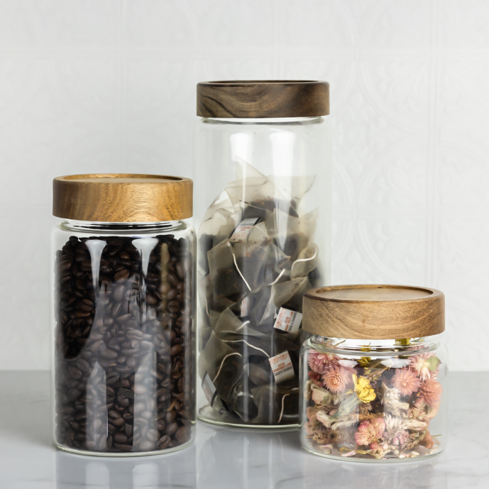 Everything Kitchens Modern Essentials 3-Piece Glass Storage Set with Acacia Wood Lids | 0.5 L, 1.0 L, \u0026 1.5 L, image size:1000x1000