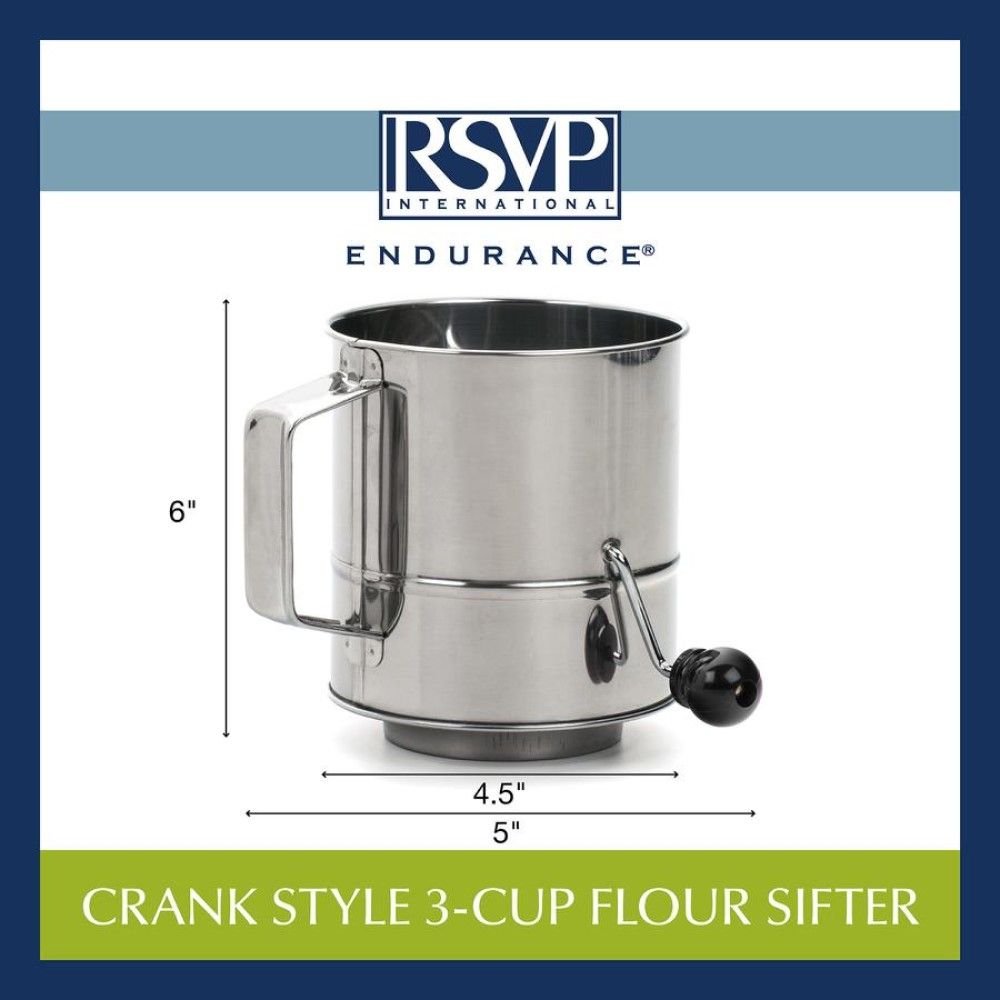 RSVP Endurance Stainless Steel 5-Cup Crank Style Flour Sifter Dishwasher Safe 