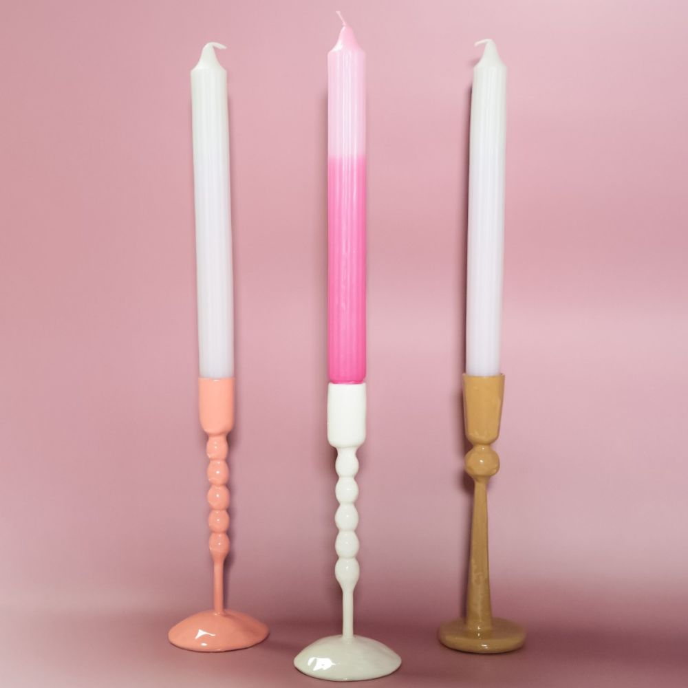 Enameled Tapered Candle Stick Holders (Set of 3) (Beige, Ivory and