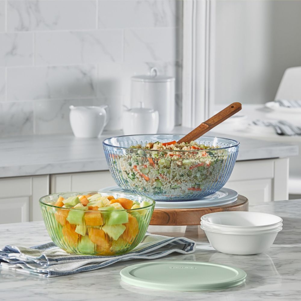 Sculpted Tint 4 Piece Lidded Bowl Set Green and Blue Pyrex Everything Kitchens
