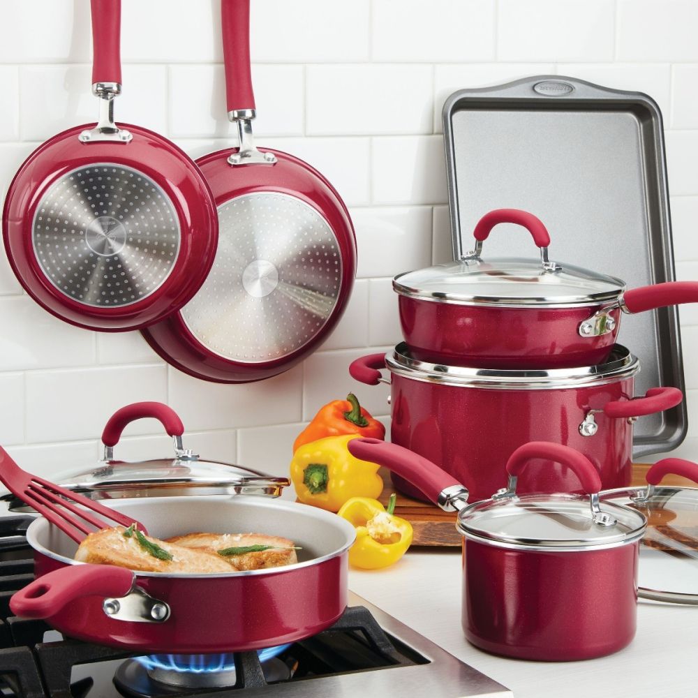 12-13mm&13mmAA×1台分セット+19mmAA×2組(レッド) Enameled 13-Piece Nonstick Induction Cookware Set (Red Shimmer