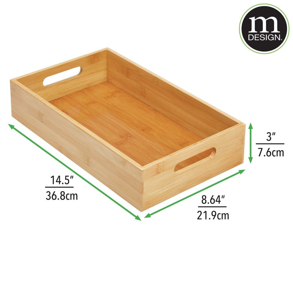 mDesign Bamboo Kitchen Fridge & Drawer Organizer Tray, 2 Pack - Natural Wood