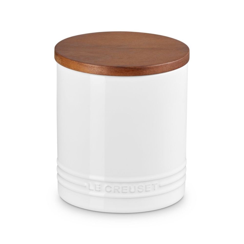 LE CREUSET ホワイト 保存容器 Signature 1.2 Qt. Stoneware Canister with Acacia Wood Lid (White