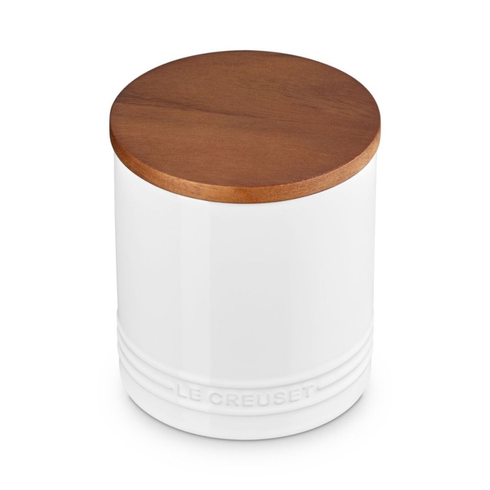 Signature 1.2 Qt. Stoneware Canister with Acacia Wood Lid (White