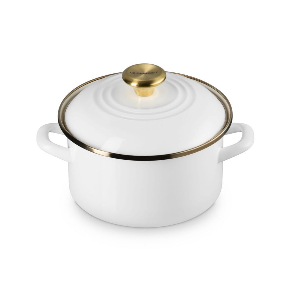 3.8 Qt. Petite Enamel On Steel Stockpot (White with Gold Knob