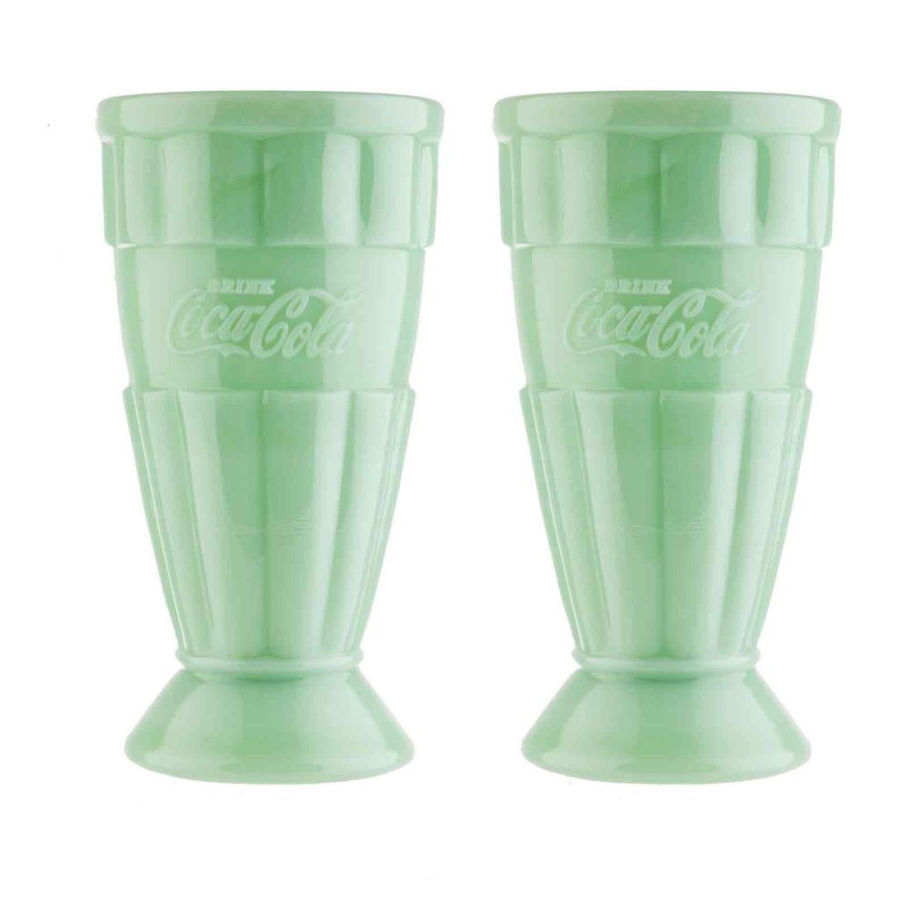 Set of 2 COCA-COLA Soda CAN SHAPED Clear and Green GLASSES COKE