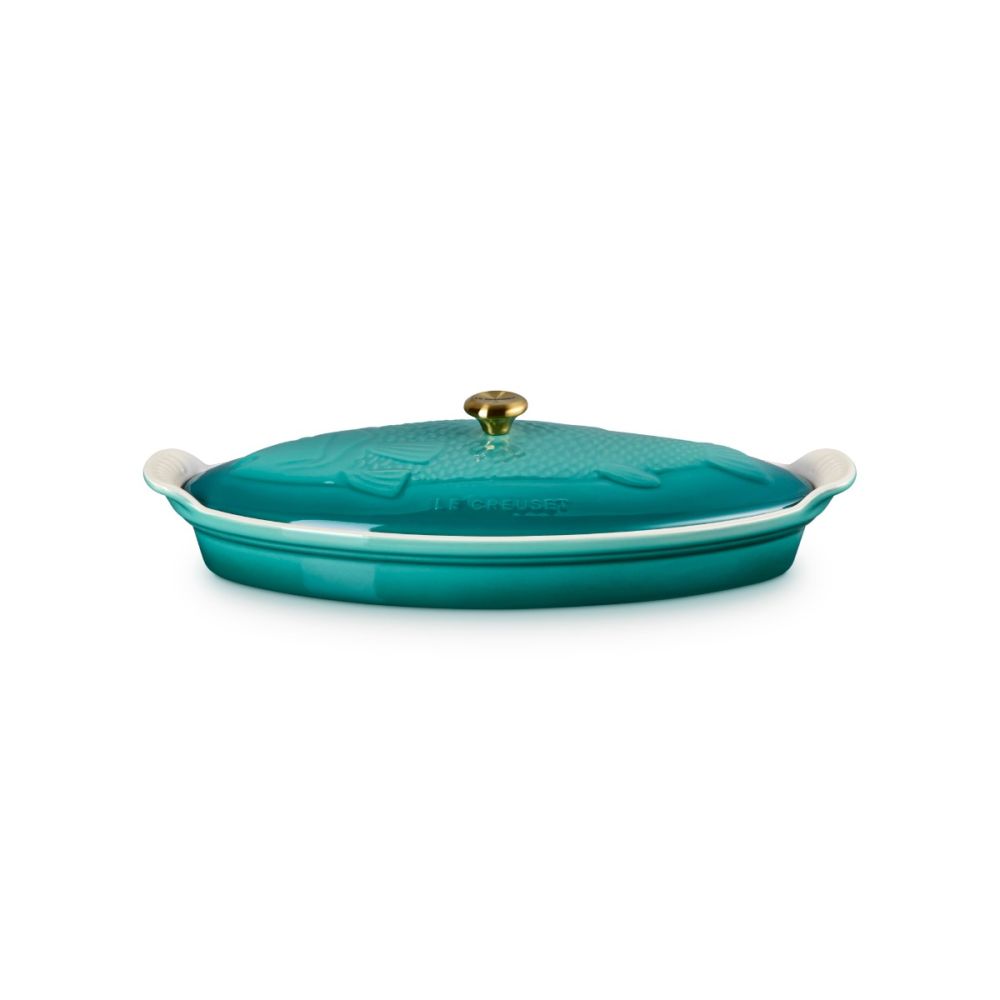 Heritage 1.7 Qt. Fish Baker with Gold Knob (Blue Riviera) | Le