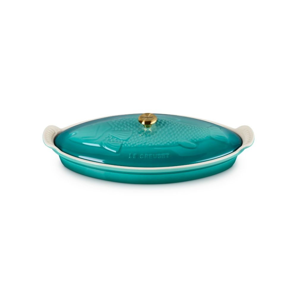 Heritage 1.7 Qt. Fish Baker with Gold Knob (Blue Riviera) | Le
