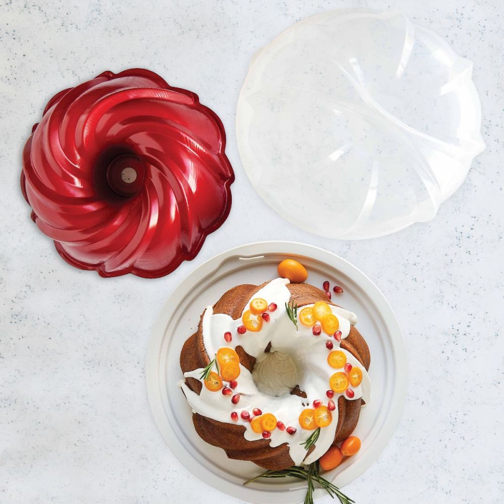 Holiday Formed Swirl Bundt with Cake Keeper (Red) | Nordic Ware