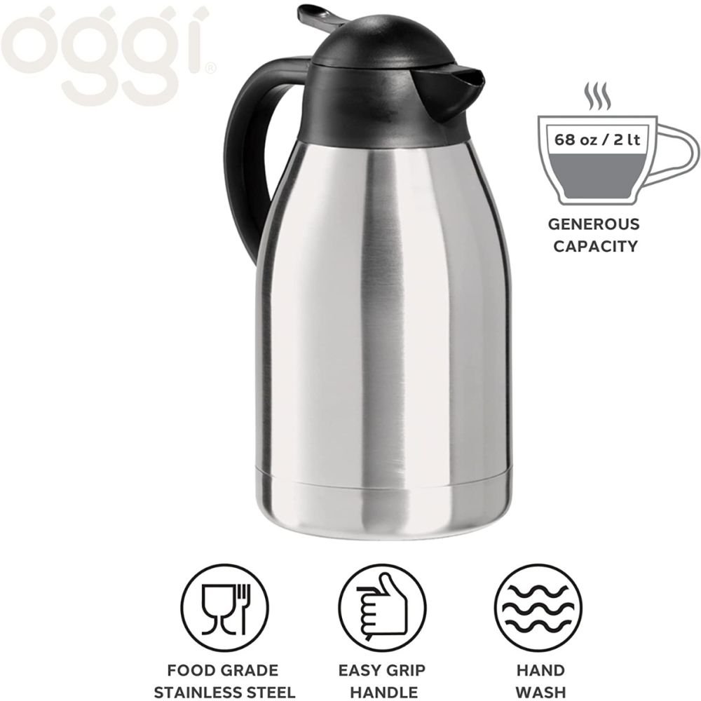 Cooker Insulated Stainless Steel Coffee Carafe, 68 oz/2L Double Wall Hot Beverage Dispenser, Double Insulated Thermos and Water Dispenser (Black)