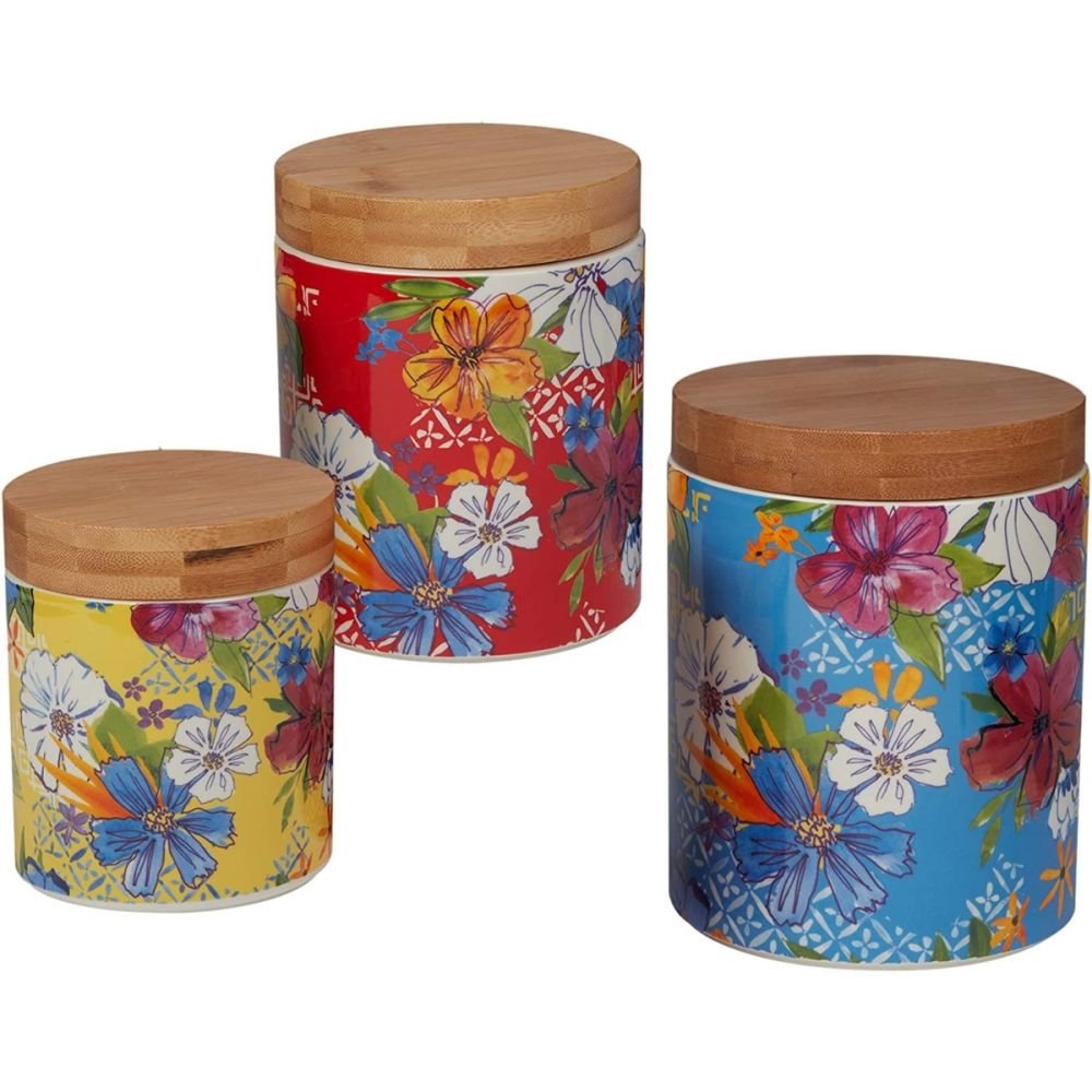 Certified International 3-Piece Canister Set with Bamboo Lids | Flower Power