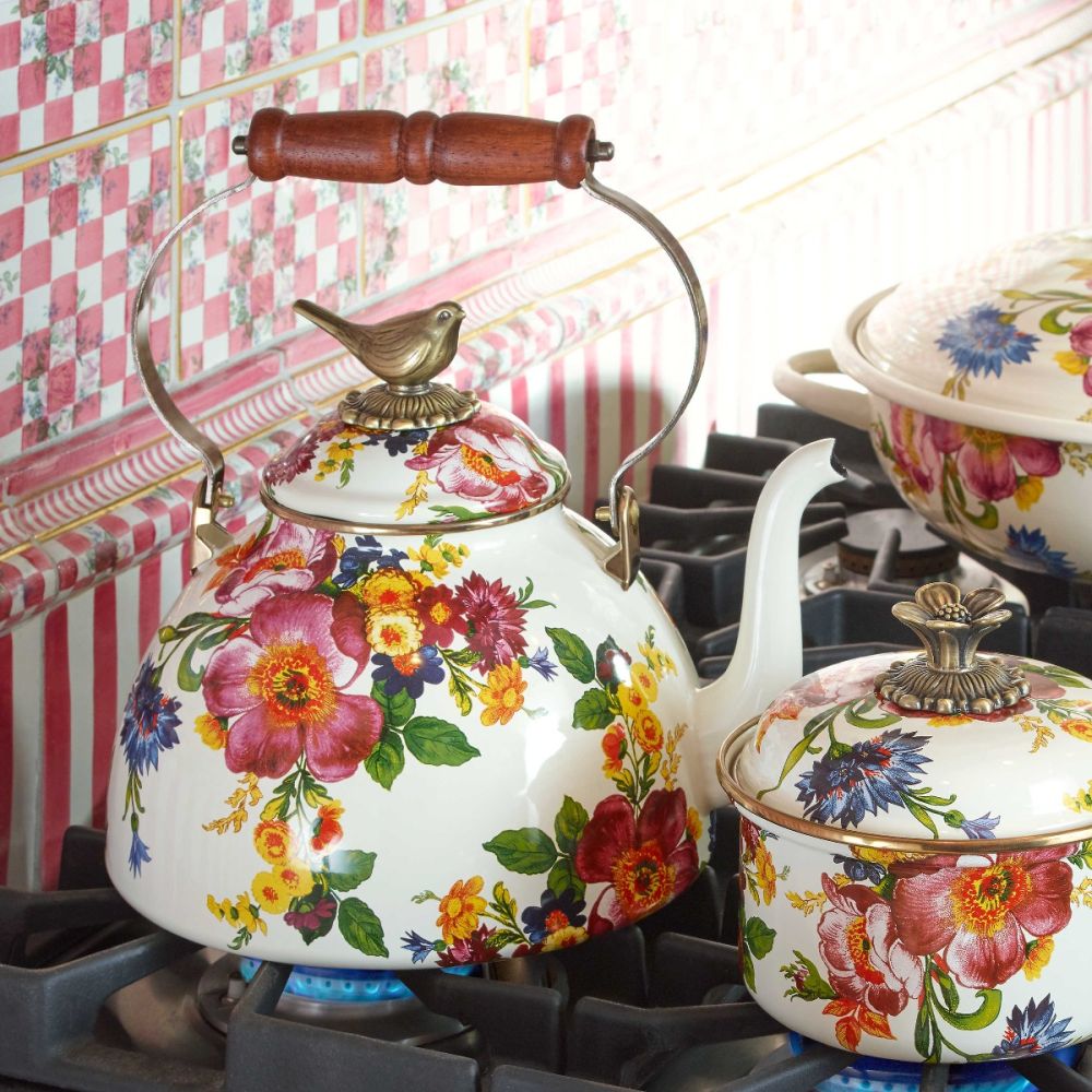 White Flower Market 3 Quart Tea Kettle with Bird | MacKenzie