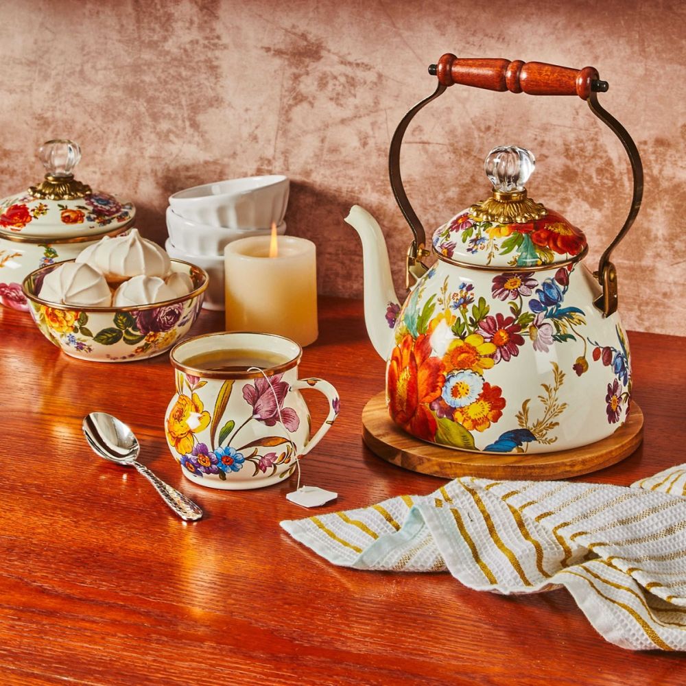 MacKenzie-Childs White Flower Market Tea Kettle - Thumbnail 3