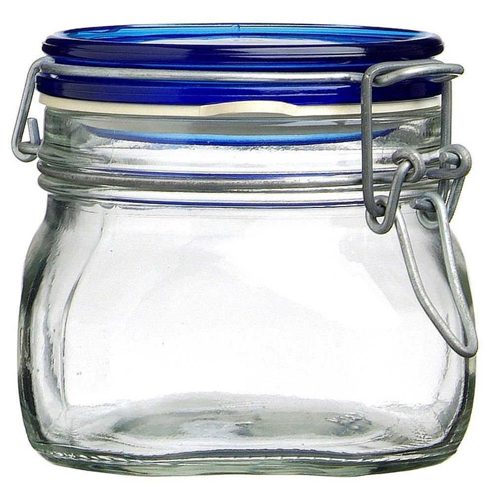 Pack of 2 0.5 Liter Bormioli Rocco Fido Square Glass Canning Jar with Blue Lid 
