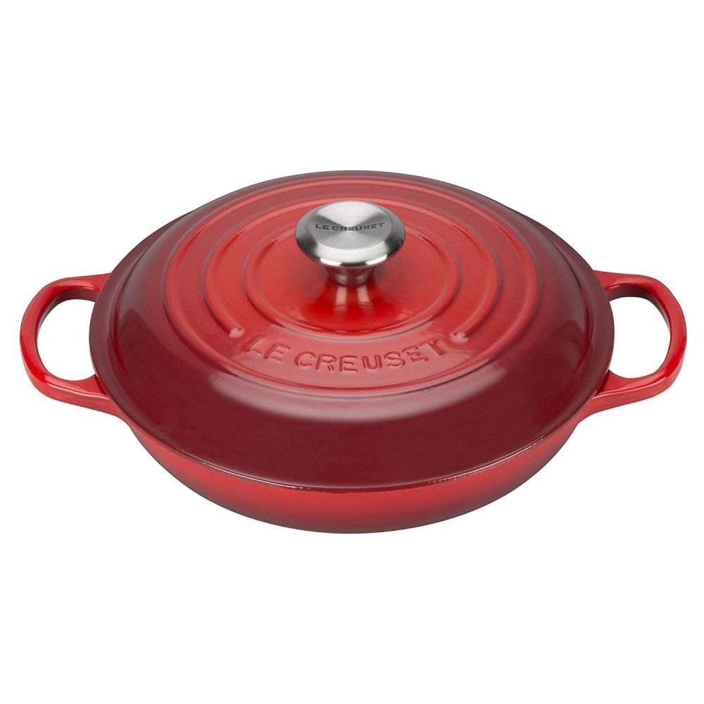 All-Clad Enameled Cast Iron Braiser with Lid and Acacia Wood