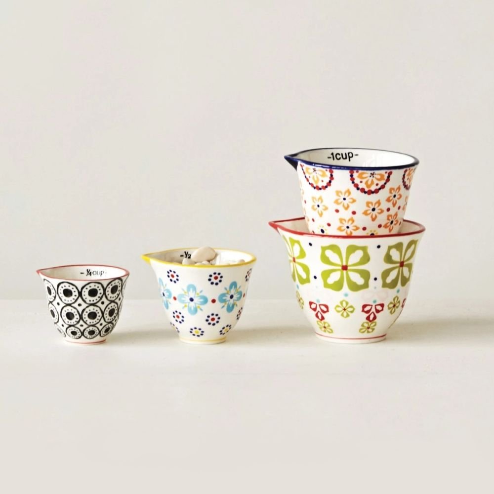 Creative Co-Op Stoneware Measuring Cups (Set of 4) | Floral Pattern