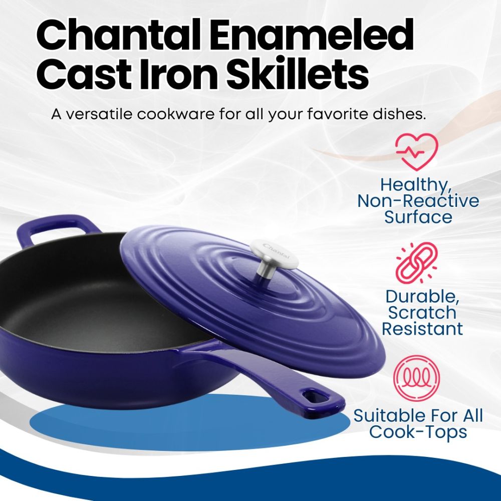Chantal 4 Qt. Round Cast Iron Saute Skillet with Lid - Thumbnail 2