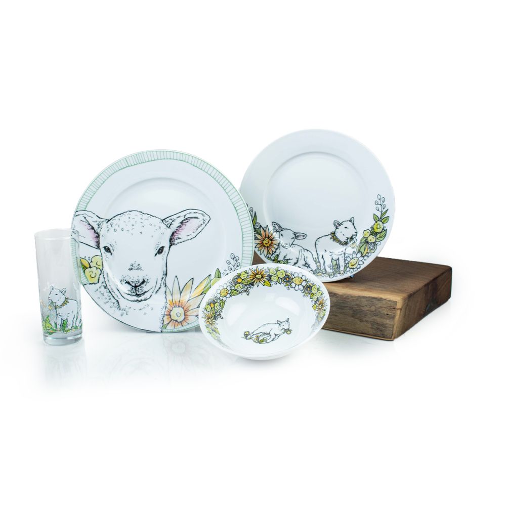 16Piece Dinnerware & Glasses Set "Leaping Lambs" Everything Kitchens