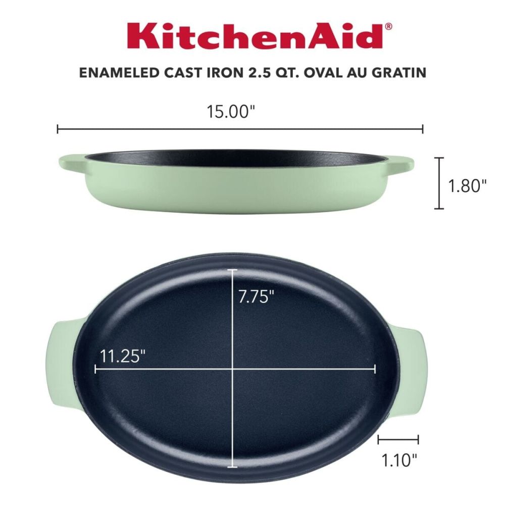 Enameled Cast Iron 2.5 Quart Oval Au Gratin Roasting Pan Pistachio KitchenAid Everything Kitchens
